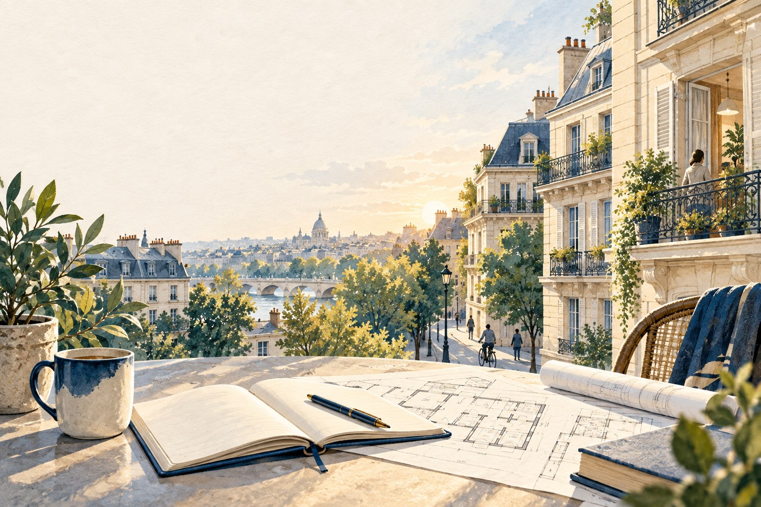 Illustration d’une ville lumineuse et d’un carnet ouvert sur des plans